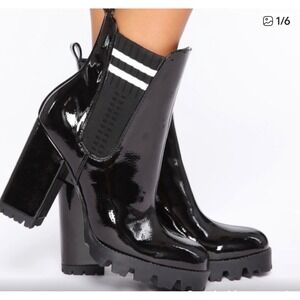 Forever 21 Womens Black Patent Platform Lug Sole Chelsea Boots Block Heel 10